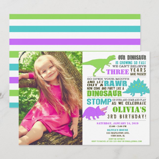 Invitation Dinosaur anniversaire fille violet vert turquoise  (Devant / Derrière)