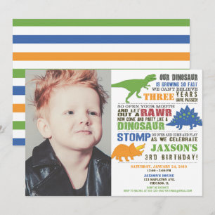 Invitation Dinosaur anniversaire garçon vert bleu orange
