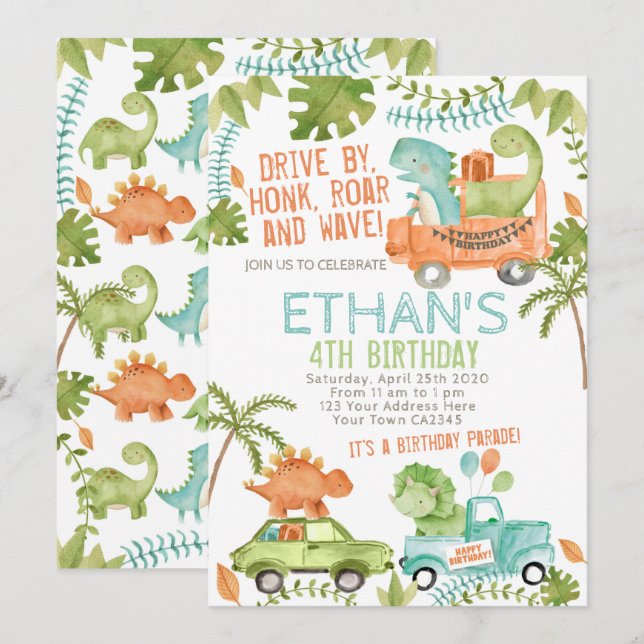 Invitation Dinosaur Anniversaire Parade (Devant / Derrière)