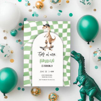 Invitation Dinosaur Anniversaire Retro T Rex À damiers