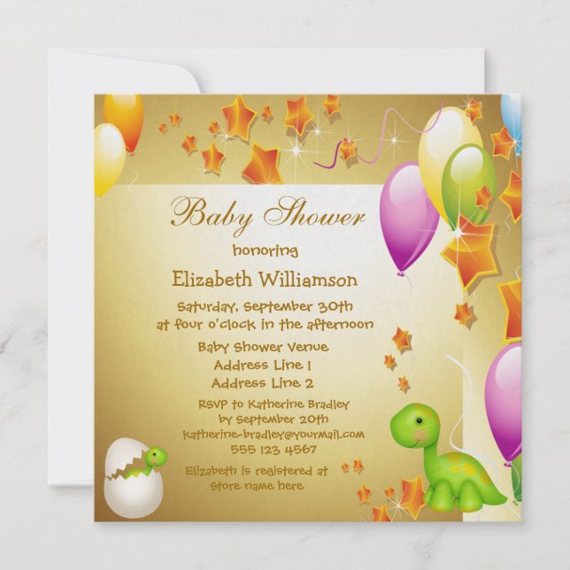 Invitation Dinosaur & Balloons Elégant Baby shower Or (Devant)