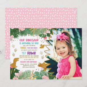 Invitation Dinosaur Birthday Girl Gold Pink Leave Dino Invita