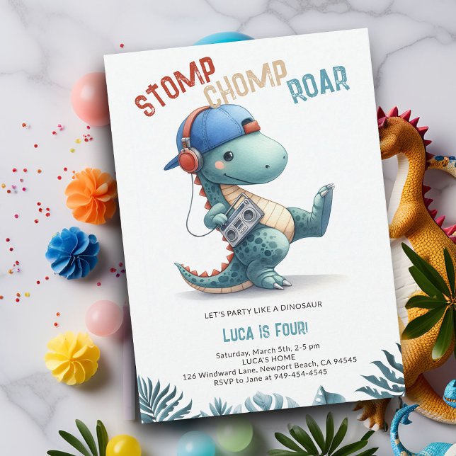Invitation Dinosaur Boom Box Stomp Chomp Roar Boy Anniversair (Dinosaur boy birthday invitation dino stomp chomp roar pre historic jungle hip dance party funny red)