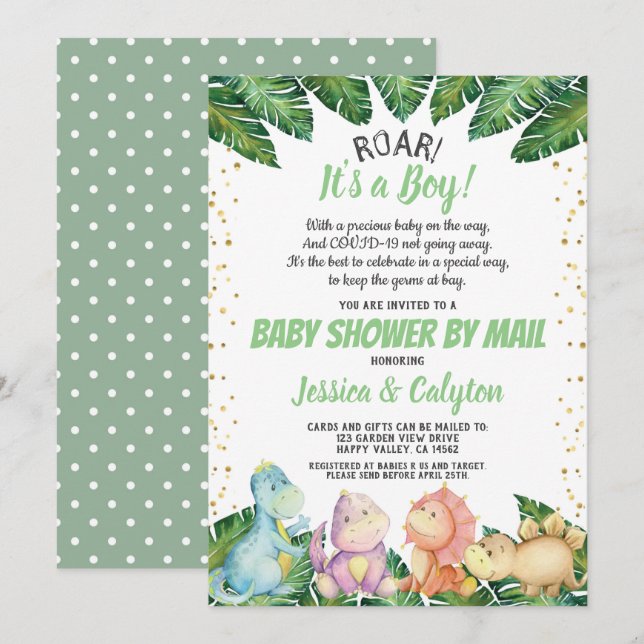 Invitation Dinosaur C'est un Baby shower de garçon par la pos (Devant / Derrière)