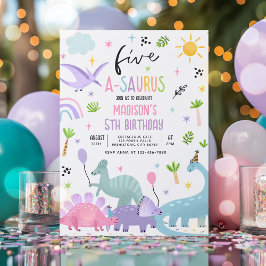 Invitation Dinosaur Cinq-A-Saurs Rose 5e fête d'anniversaire