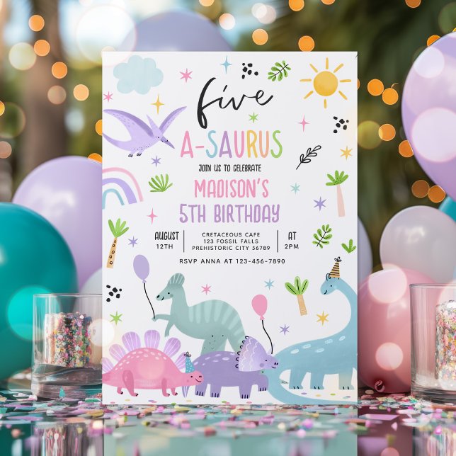 Invitation Dinosaur Cinq-A-Saurs Rose 5e fête d'anniversaire (Créateur téléchargé)