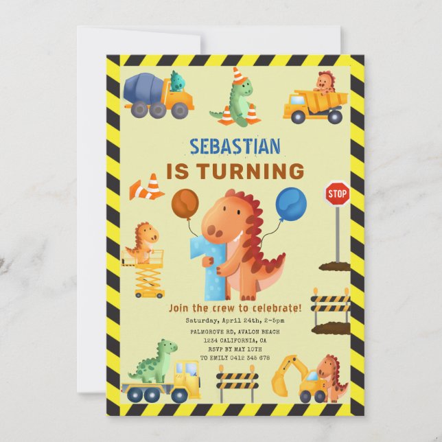 Invitation Dinosaur Construction, Dino Crew 1er Anniversaire (Devant)