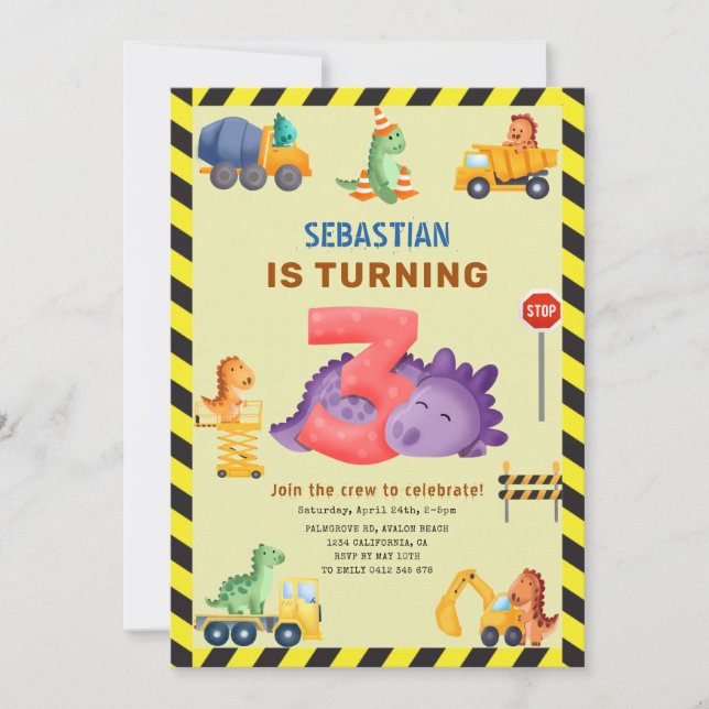 Invitation Dinosaur Construction Dino Crew 3e anniversaire (Devant)