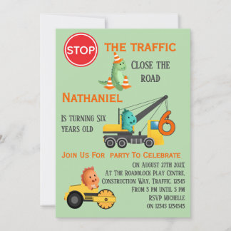 Invitation Dinosaur Construction Vehicle 6th Birthday Party
