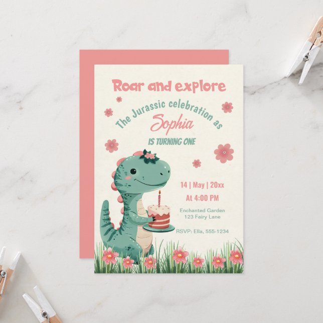 Invitation Dinosaur Cute Jurassic Funny Girl Premier Annivers (Devant/Arrière en situation)