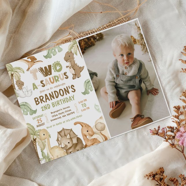 Invitation Dinosaur Deux-A-Saurus 2e fête d'anniversaire Phot (Créateur téléchargé)