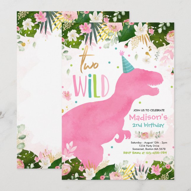 Invitation Dinosaur deux dinosaures sauvages Anniversaire des (Devant / Derrière)