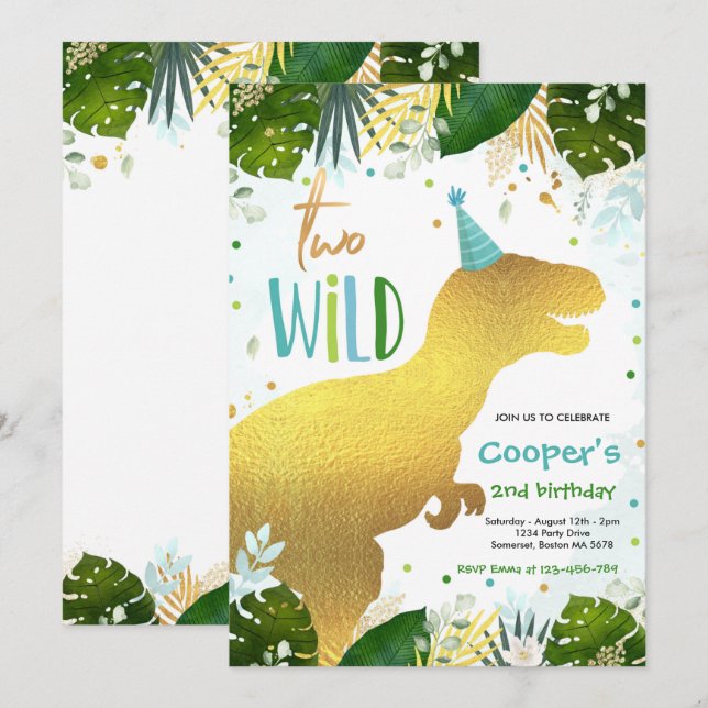 Invitation Dinosaur deux oiseaux sauvages Anniversaire du Din (Devant / Derrière)
