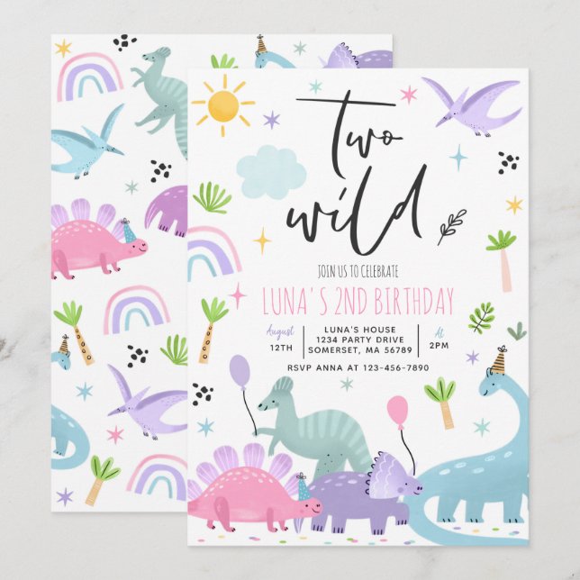 Invitation Dinosaur deux Wild 2e fête d'anniversaire (Devant / Derrière)