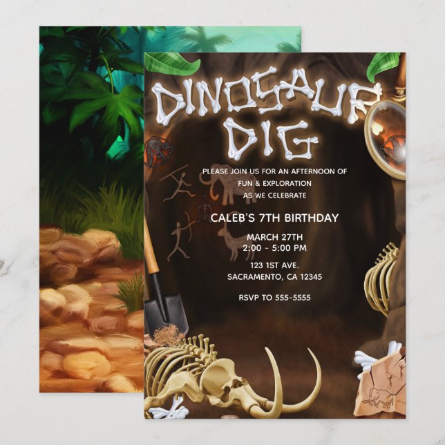 Invitation DINOSAUR DIG Bones Mystery Cave fête d'anniversair (Devant / Derrière)