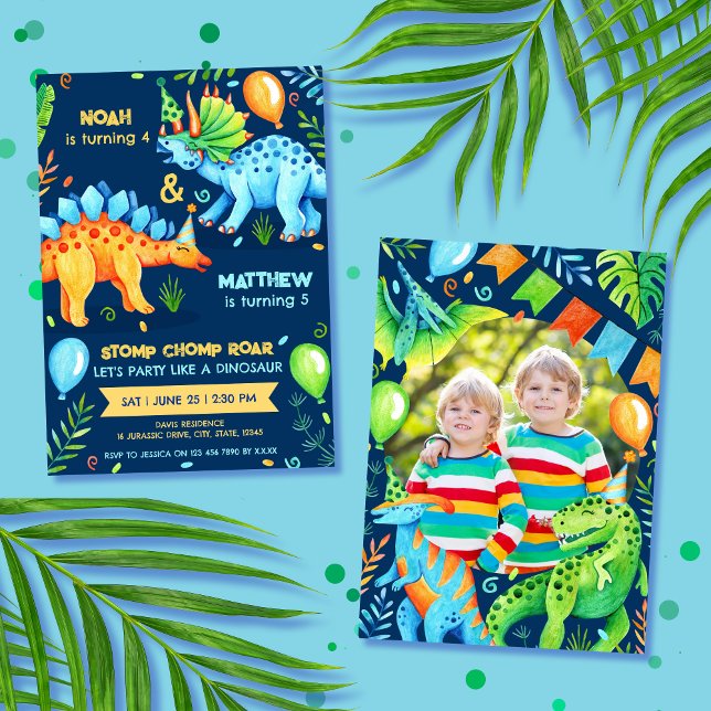 Invitation Dinosaur Double Celebration Boys Birthday Photo (Dinosaur Joint Boys Birthday Party Photo Invitation)