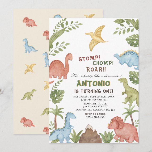 Invitation Dinosaur fête d'anniversaire (Devant / Derrière)