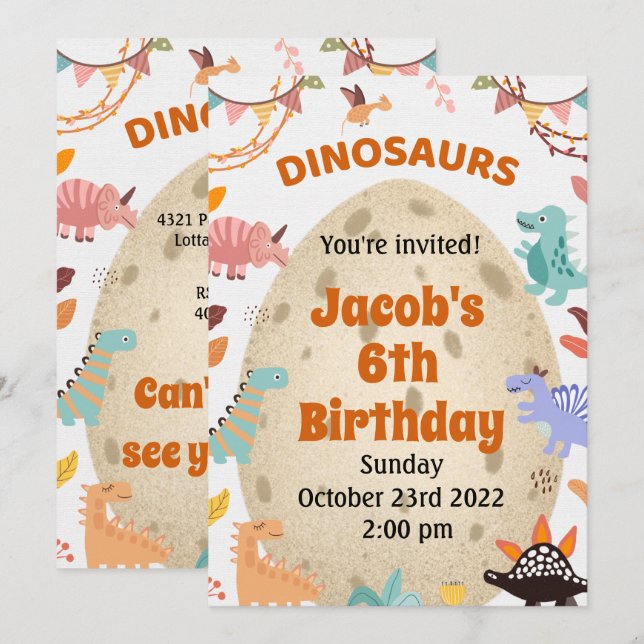 Invitation Dinosaur fête d'anniversaire avec gros Oeuf Dino P (Devant / Derrière)