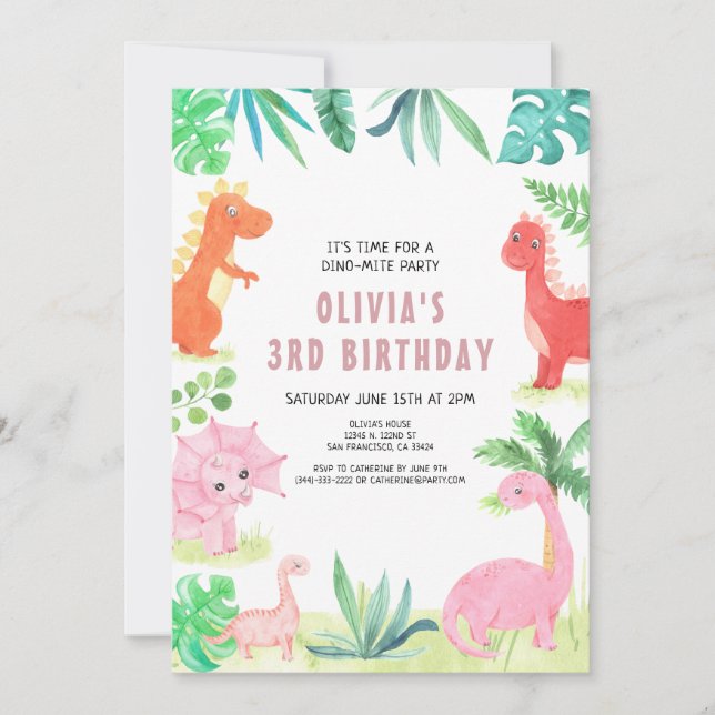 Invitation Dinosaur fête d'anniversaire enfants rose fille Di (Devant)