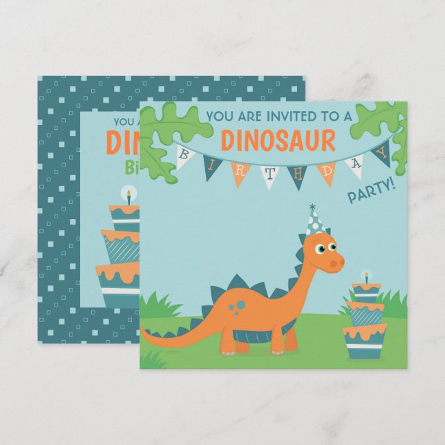 Invitation Dinosaur fête d'anniversaire, mignon dessin animé  (Devant / Derrière)