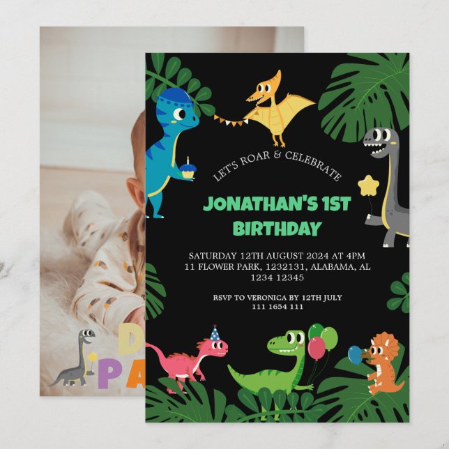 Invitation Dinosaur fête d'anniversaire premier anniversaire  (Devant / Derrière)