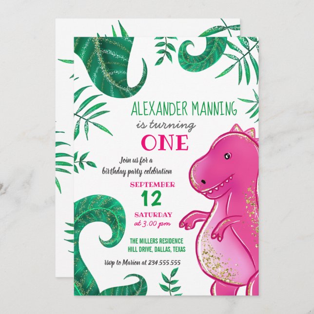 Invitation Dinosaur fête d'anniversaire | Rose T-Rex mignon (Devant / Derrière)