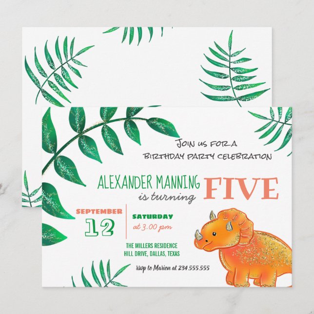 Invitation Dinosaur fête d'anniversaire | Tricératops d'Orang (Devant / Derrière)