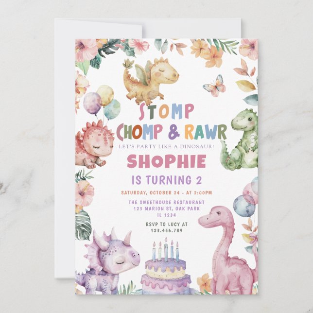 Invitation Dinosaur Fille Dino fête d'anniversaire (Devant)