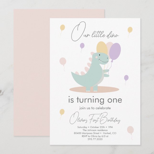 Invitation Dinosaur Fille Rose Bleu Lila fête d'anniversaire (Devant / Derrière)