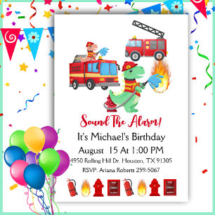 Invitation Dinosaur Fire Fighter Boy Birthday Party