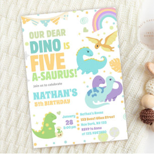 Invitation Dinosaur Five-A-Saurus 5e Anniversaire Pastel
