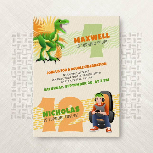 Invitation Dinosaur Gamer Joint Double Anniversaire Invitatio (Créateur téléchargé)