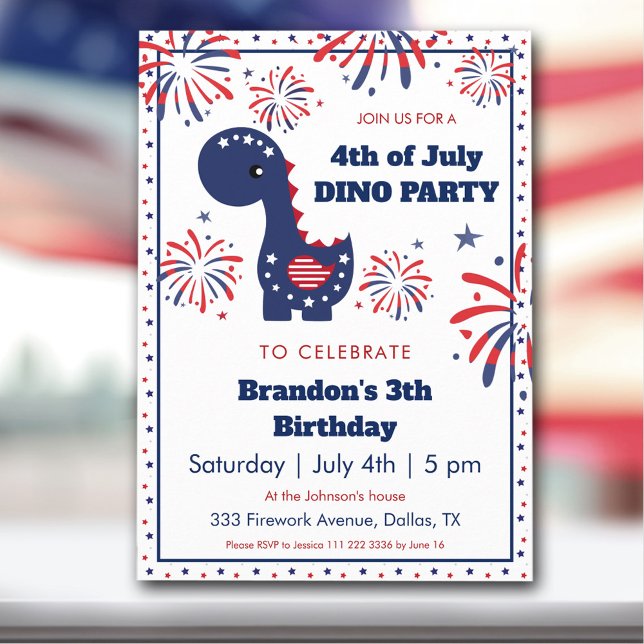 Invitation Dinosaur Garçon Anniversaire Feu d'artifice 4 juil (Dinosaur Boy Birthday Fireworks 4th of July Party Invitation)
