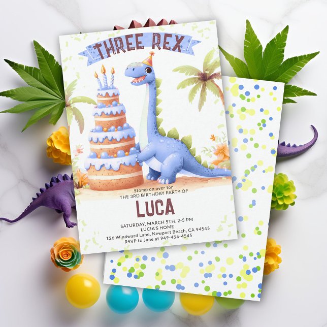 Invitation Dinosaur Gâteau Trois Rex Aquarelle Garçon Anniver (dinosaur boy birthday party dino three rex 3rd funny watercolor giant cake prehistoric wild cute)