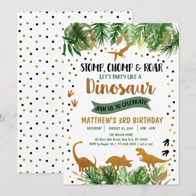 Invitation Dinosaur Green & Gold Safari Anniversaire (Devant / Derrière)