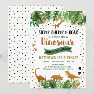 Invitation Dinosaur Green & Gold Safari Anniversaire