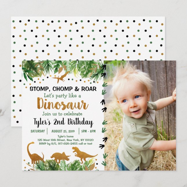 Invitation Dinosaur Green & Gold Safari Anniversaire (Devant / Derrière)