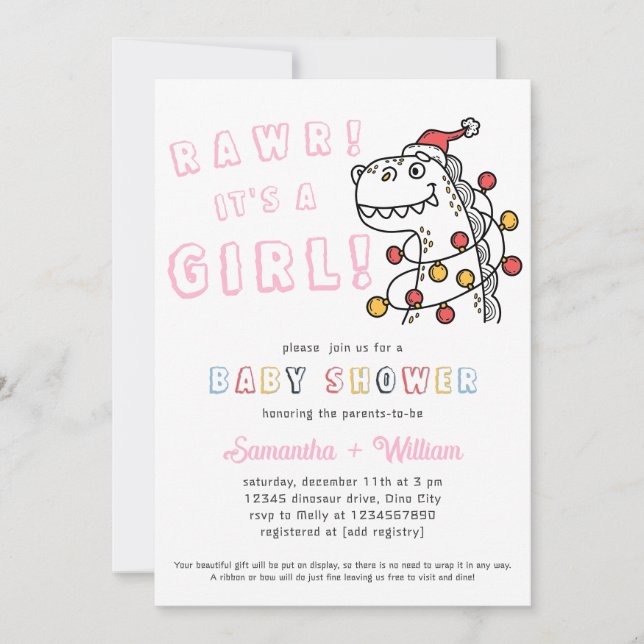 Invitation Dinosaur hiver Coed fille de Noël Baby shower (Devant)