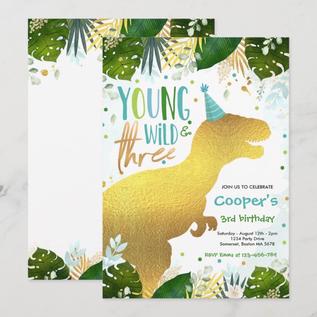 Invitation Dinosaur Jeune Sauvage Et Trois Dinosaures Anniver (Devant / Derrière)