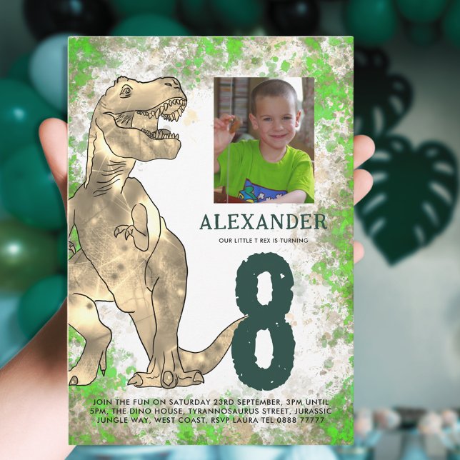 Invitation Dinosaur Jungle Anniversaire Photo Moderne (T-Rex dinosaur jungle 8th birthday party invitation with photo template green and brown watercolor )