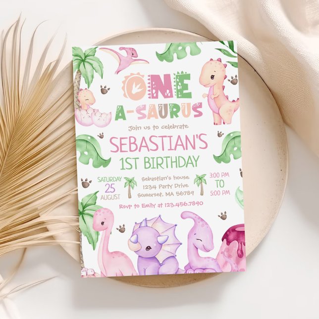 Invitation Dinosaur One-A-Saurus Fille 1er anniversaire (Créateur téléchargé)