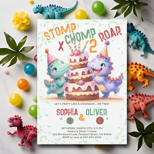 Invitation Dinosaur Parti Gâteau Amusant Jour d'anniversaire (dinosaur joint sibling birthday party dino stomp chomp roar funny watercolor giant cake prehistoric )