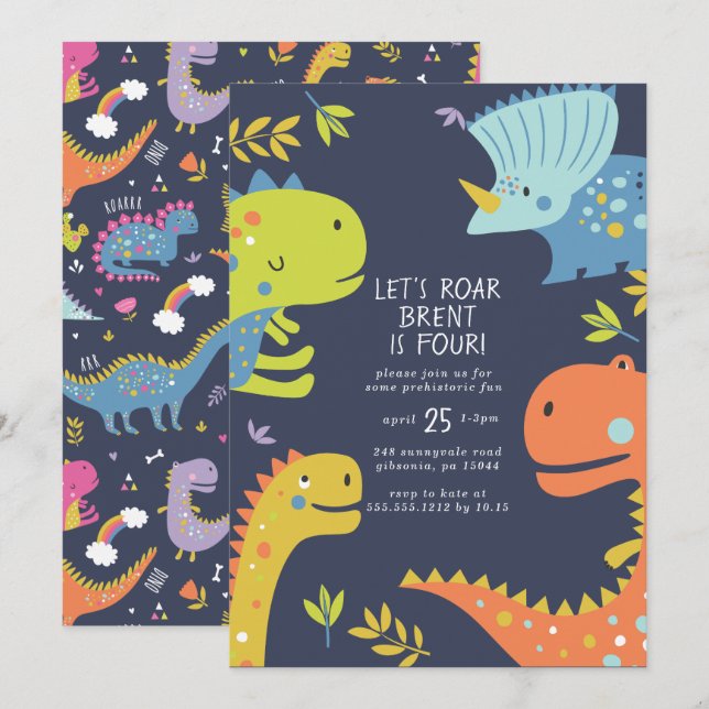 Invitation Dinosaur Roar Boys Anniversaire Bleu (Devant / Derrière)