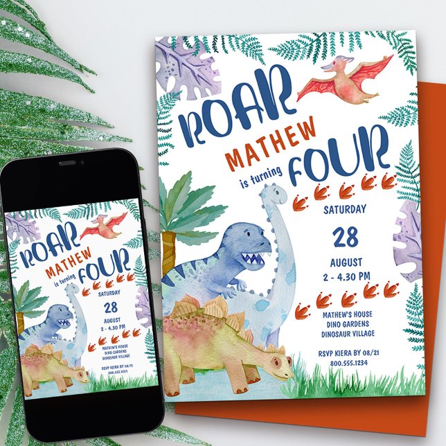 Invitation Dinosaur Roar .. tourne quatre garçons 4e annivers (dinosaur themed 4th birthday invitation with personalized roar  rhyme)