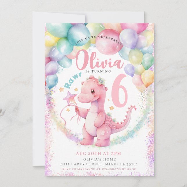 Invitation Dinosaur Rose Dino Fille Anniversaire Fête Invitat (Devant)