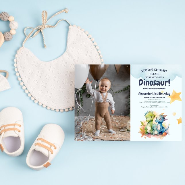 Invitation Dinosaur Stomp Chomp Rawr 1er anniversaire de fête (Créateur téléchargé)