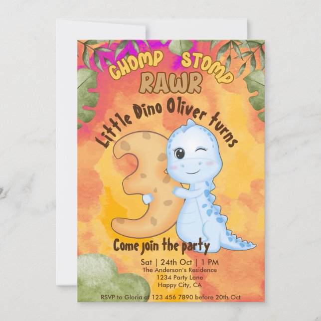 Invitation Dinosaur Stomp Chomp Rawr 3e anniversaire fête (Devant)