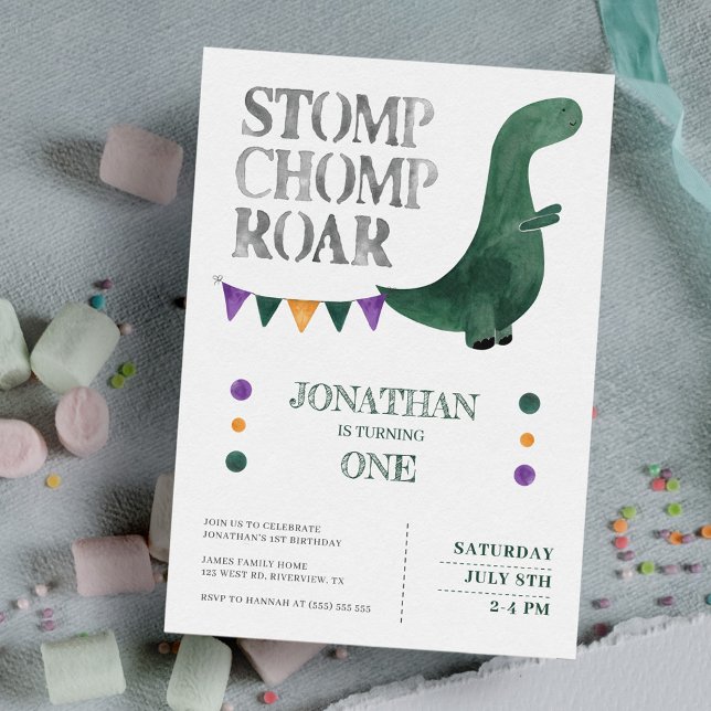 Invitation Dinosaur Stomp Chomp Roar 1ère fête d'anniversaire (Créateur téléchargé)