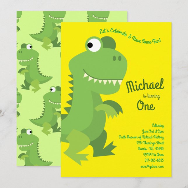Invitation Dinosaur T-rex Enfants 1er anniversaire Dino Party (Devant / Derrière)
