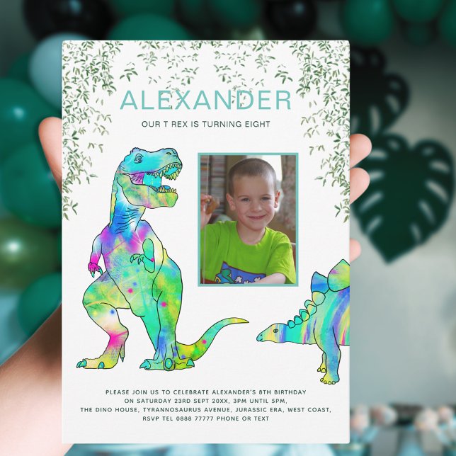 Invitation Dinosaur T Rex Photo Anniversaire (Dinosaur T-Rex jungle 8th birthday party invitation photo template Tyrannosaurus Rex stegosaurus )